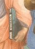 Detail of Plato's left hand. The painting was recently restored (late 1990's).