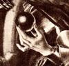 Detail showing Tobias's left hand holding a sphere. Note the pointed fifth finger.